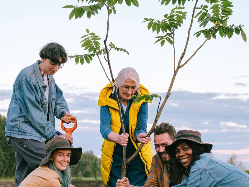 Volunteers of different ages planting a young tree together