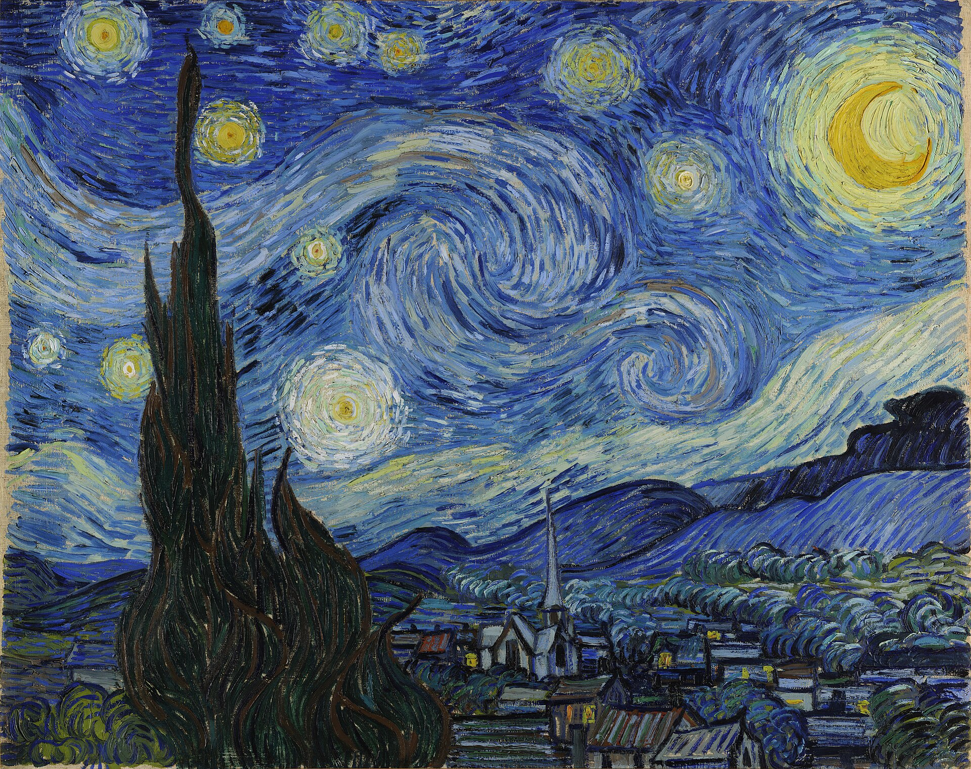Vincent van Gogh's painting The Starry Night, with swirling blue sky, a bright crescent moon, glowing stars, a dark cypress tree and a village below